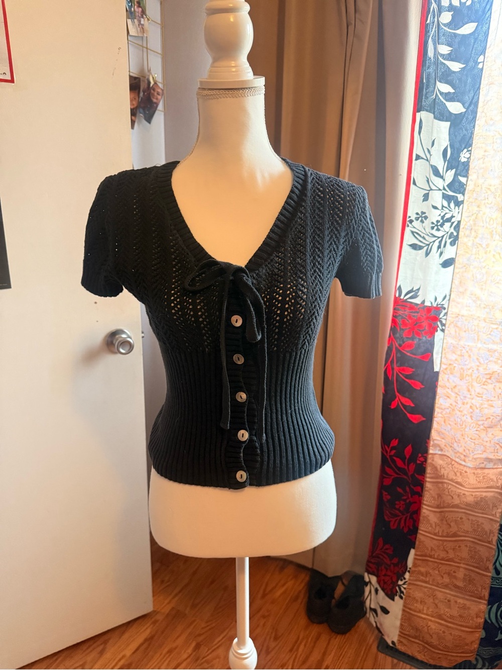 Black V-Neck Short-Sleeve Button-Up Knit Sweater with Tie